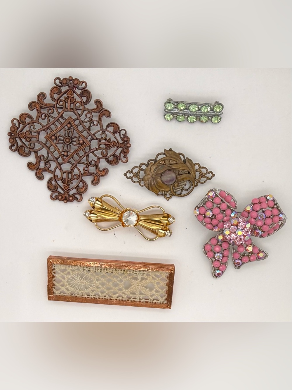 Vintage Estate Brooch pin Lot Gold Bow Crystal Rhinestone Lace
